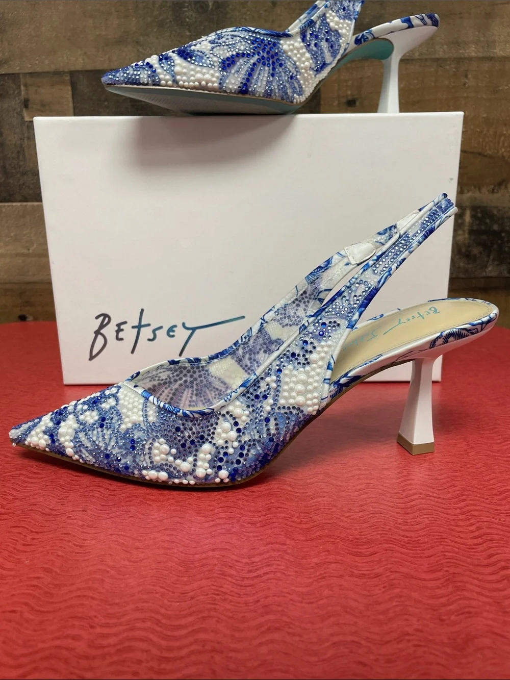 Betsey Johnson Blue and White Beaded Slingback Heels - Picture 3 of 5
